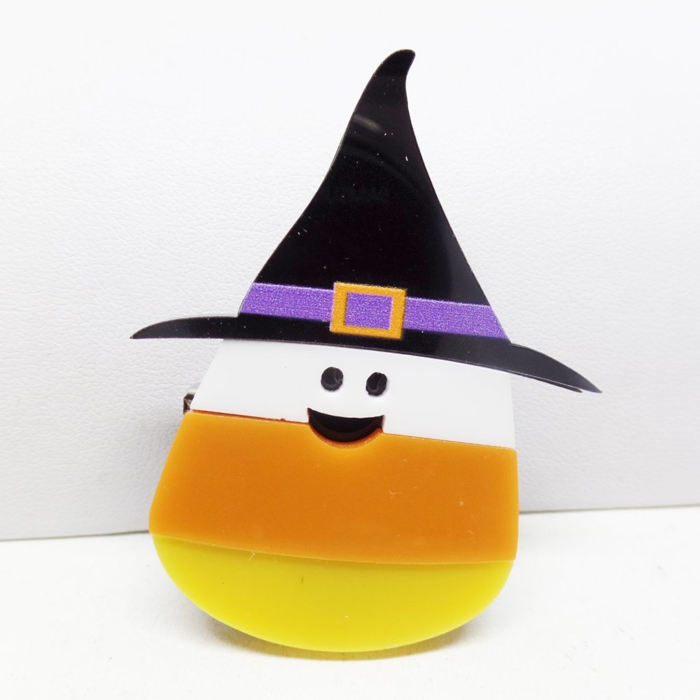 Adorable Candy Corn Witch Acrylic Brooch